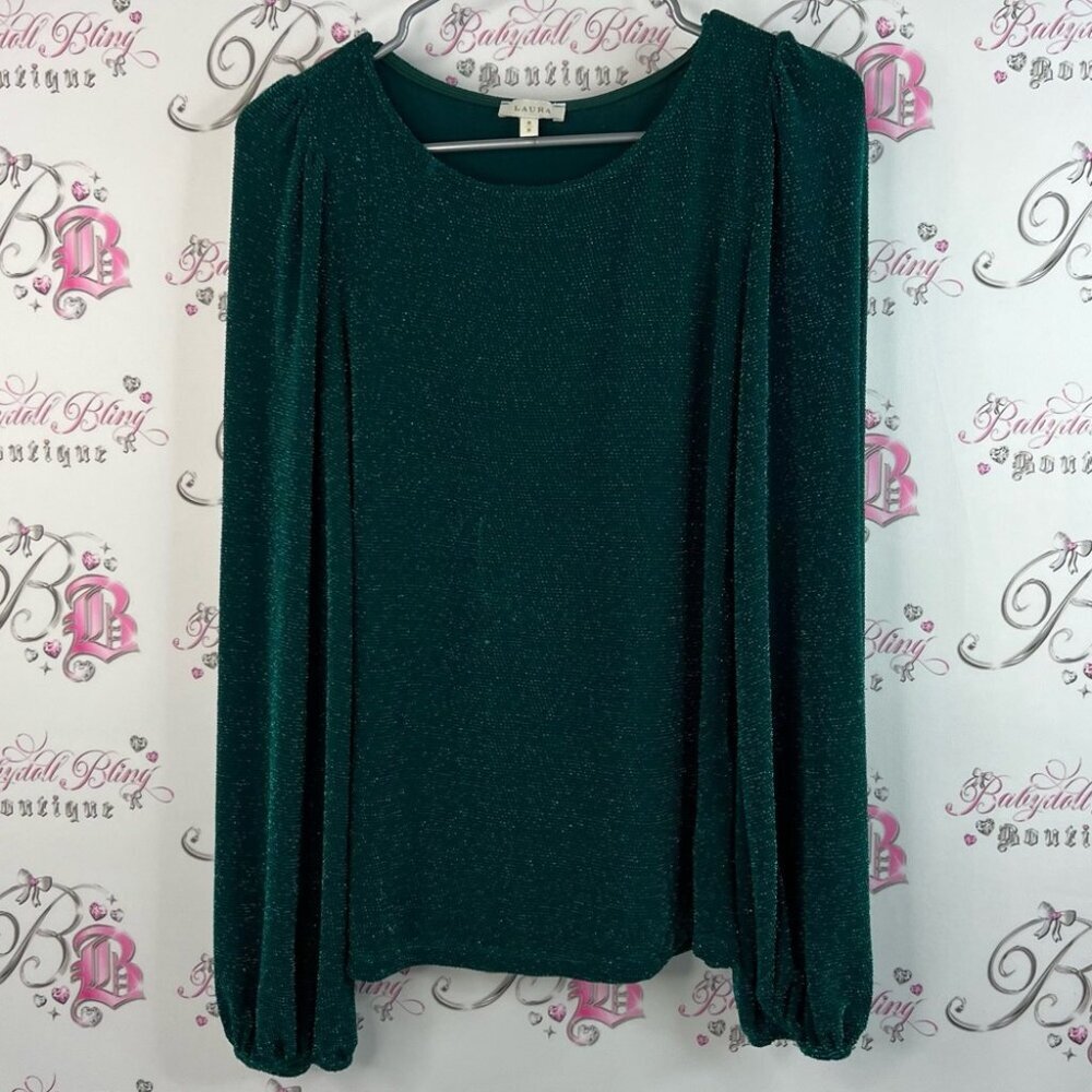 Laura top sparkling long glitter Elegant Green shirt puff shoulder bubble sleeve